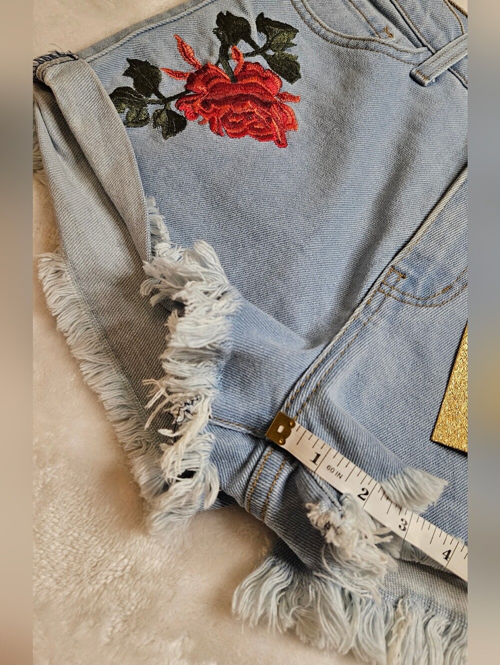 Vibrant Light Blue Denim Shorts with Red Rose Embroidery - Picture 10 of 10